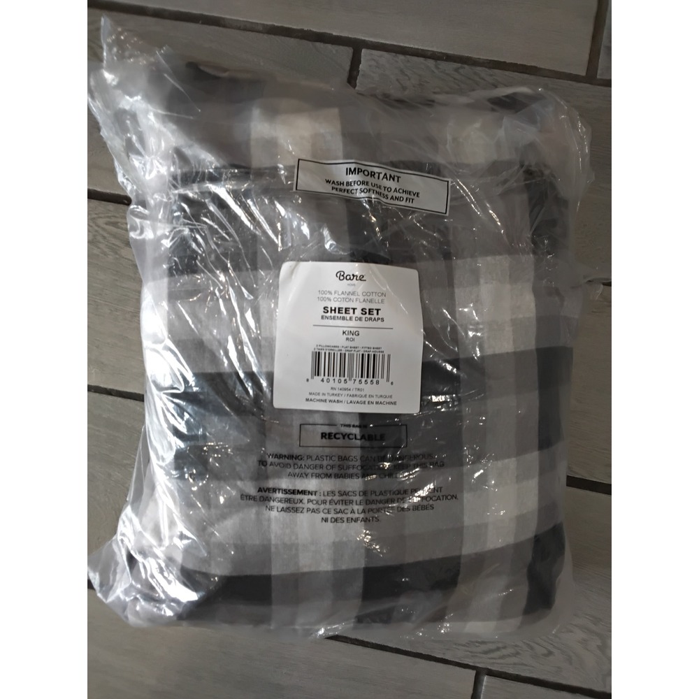 Bare Home King Sheet Set 100% Flannel Cotton‎ Grey White Buffalo Plaid 4 Piece